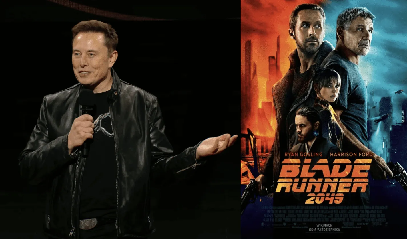 po lewej: Elon Musk mówiący do mikrofonu, po prawej: plakat filmu ,,Blade Runner 2049"