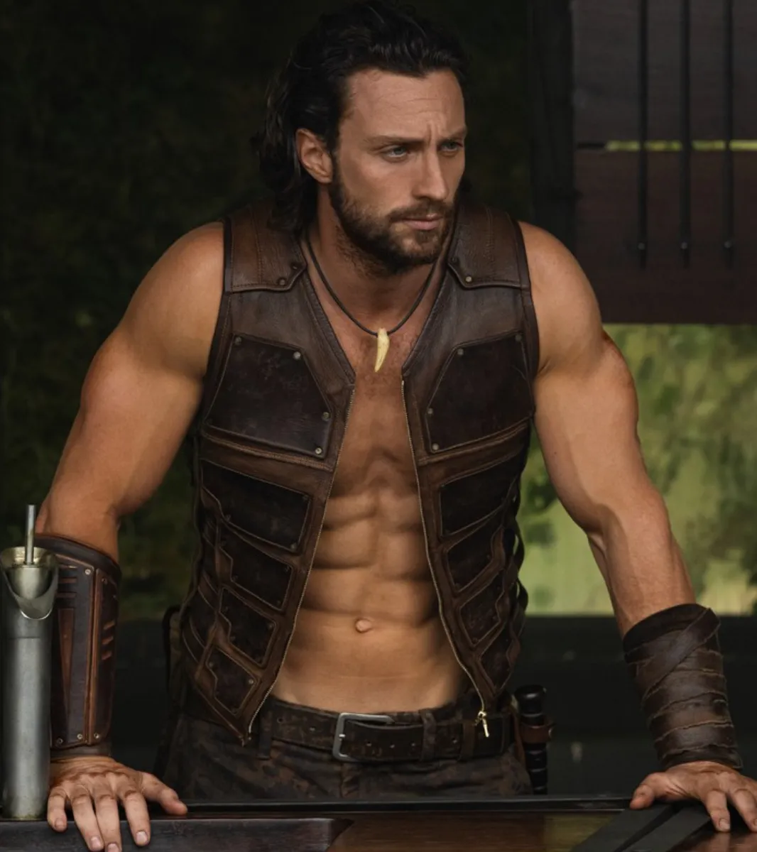Aaron Taylor-Johnson w skórzanej kamizelce przy barze, emanujący siłą.
