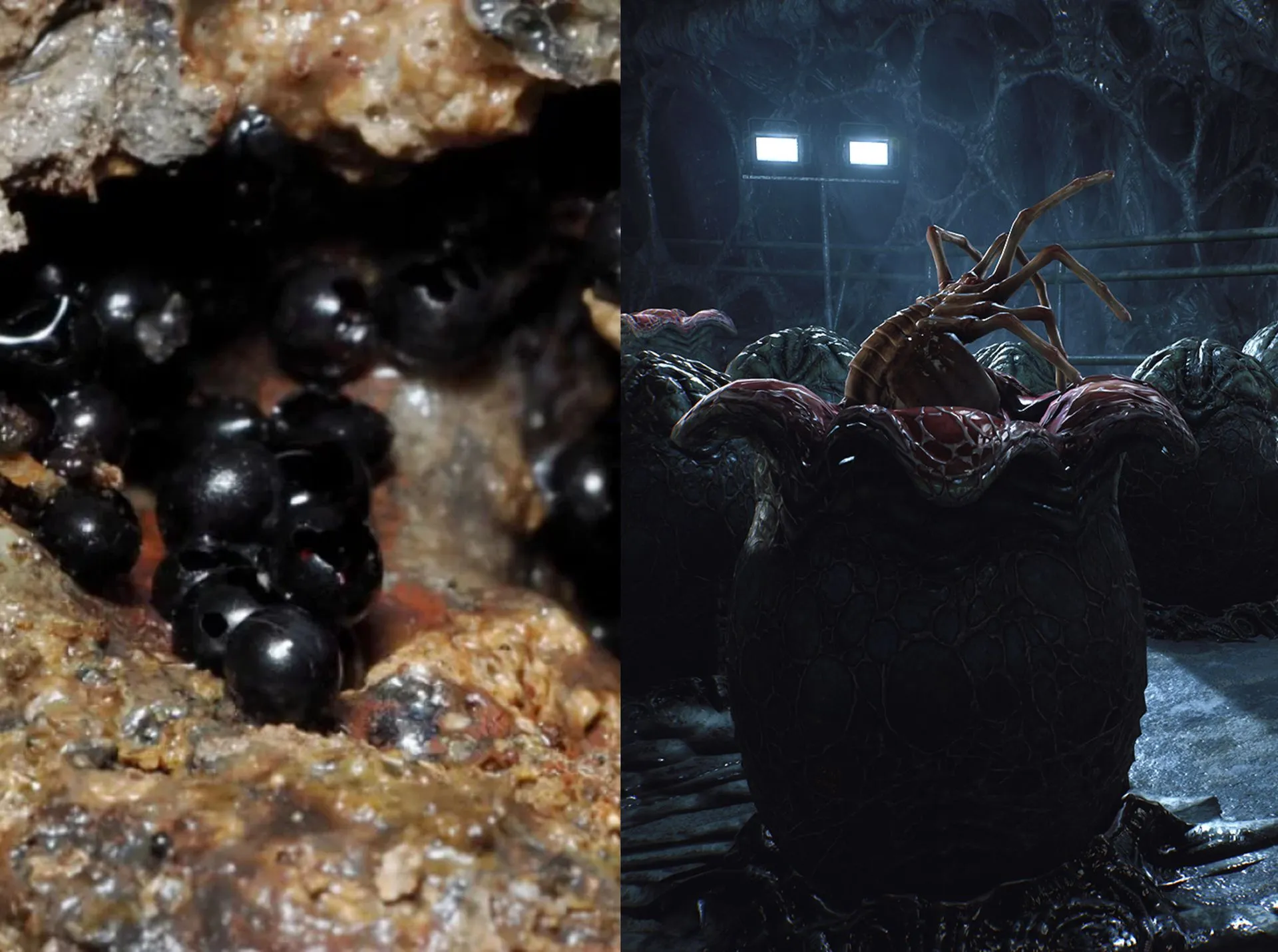 Obraz przedstawia surrealistyczny, mroczny krajobraz zbliżenia na organiczne formy. Po lewej stronie widoczne są czarne kuliste struktury, otoczone brązowymi i szarymi kamieniami. Po prawej stronie znajduje się tajemnicza, ciemna przestrzeń, w której wyrastają delikatne, faliste formy przypominające kwiaty. W ich wnętrzu widać stwora z ośmiorniczymi mackami, co nadaje scenie niepokojący, fantastyczny klimat. Oświetlenie jest stonowane, co potęguje uczucie tajemnicy.
