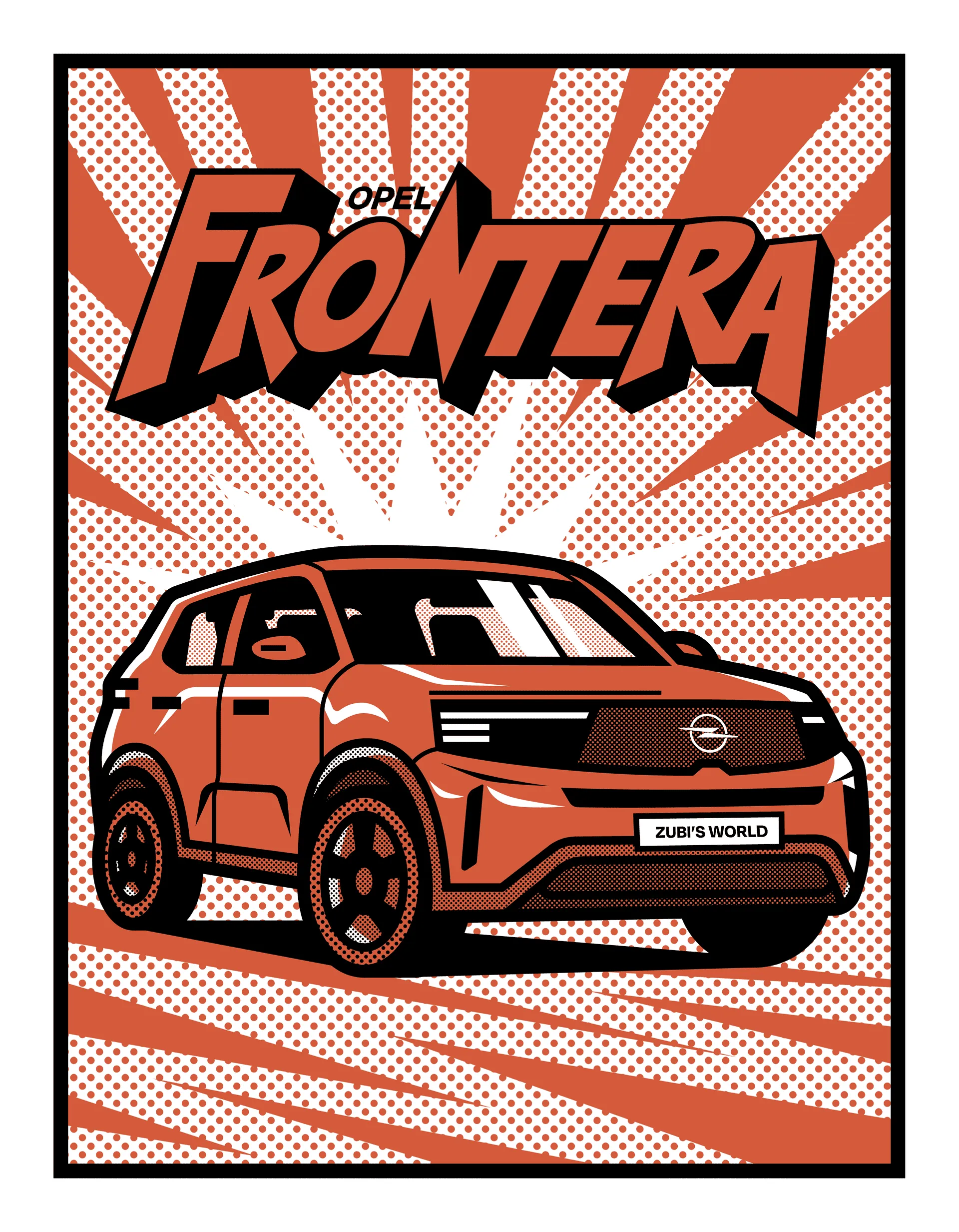 Samochód marki Opel w komiksowym stylu.