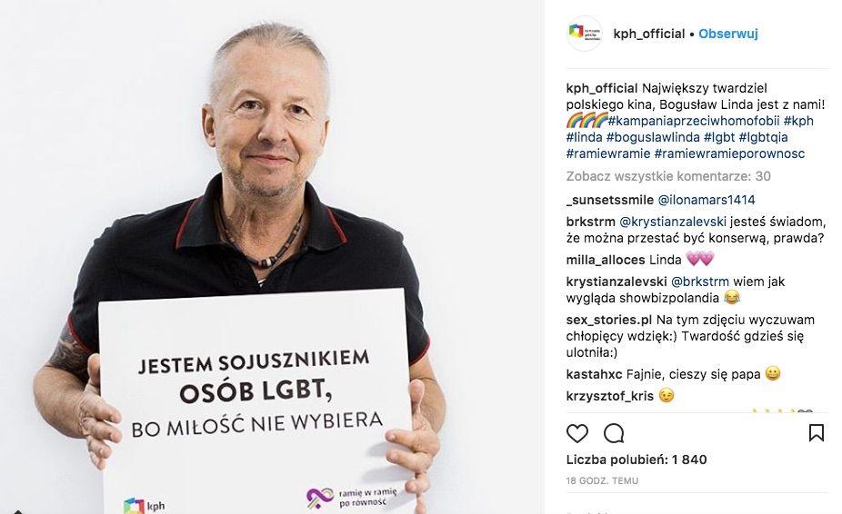 Bogusław Linda wspiera osoby homo, trans i queer. Linda został twarzą akcji wspierającej środowiska LGBTQ