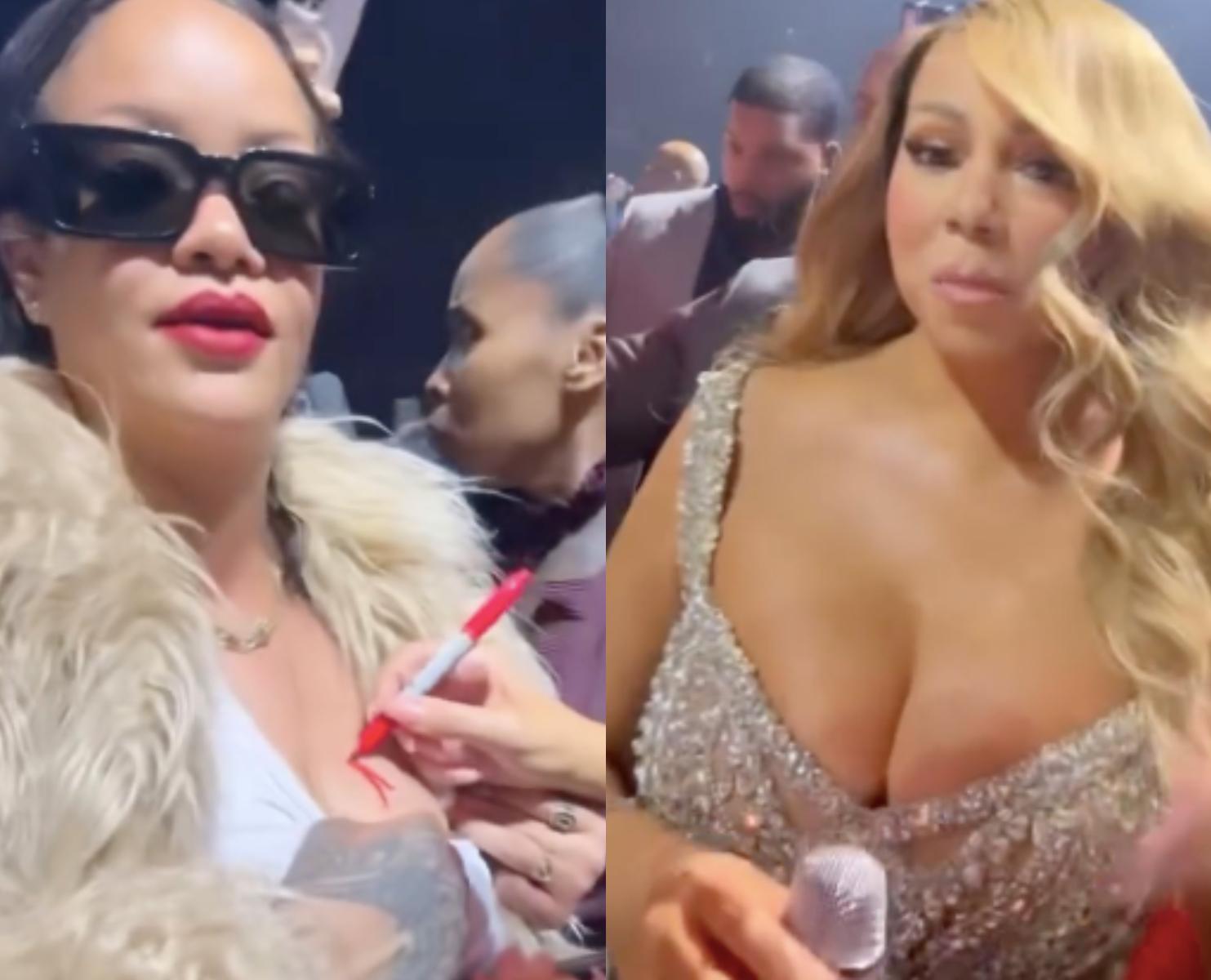 Mariah Carey składa autograf na piersi Rihanny. Ten film jest viralem [WIDEO]