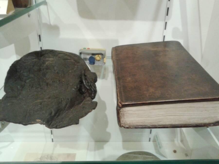 200-letnia skóra głowy Williama Cordera i książka oprawiona w skórę jego pleców - Moyse’s Hall Museum w Anglii