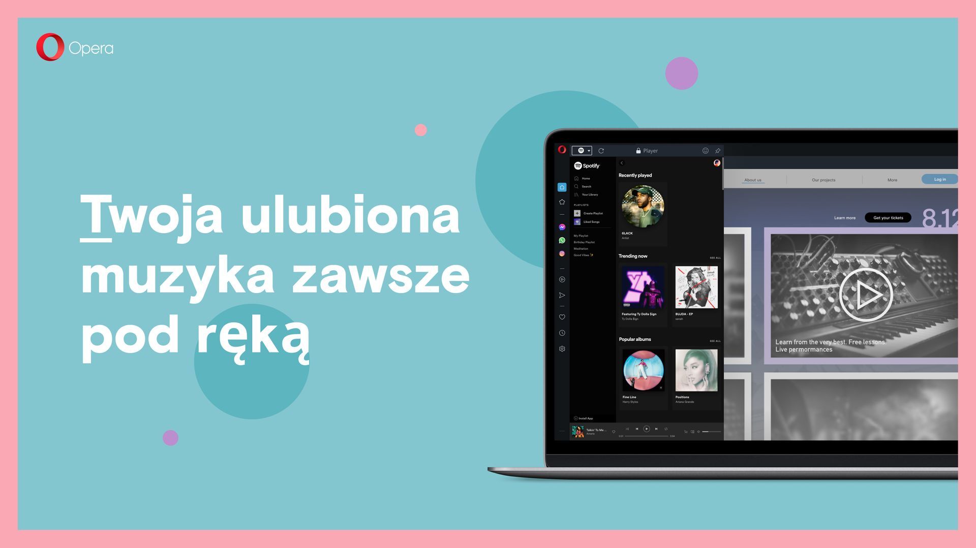Opera od teraz z odtwarzaczem Spotify, Apple Music i YouTube w pasku bocznym