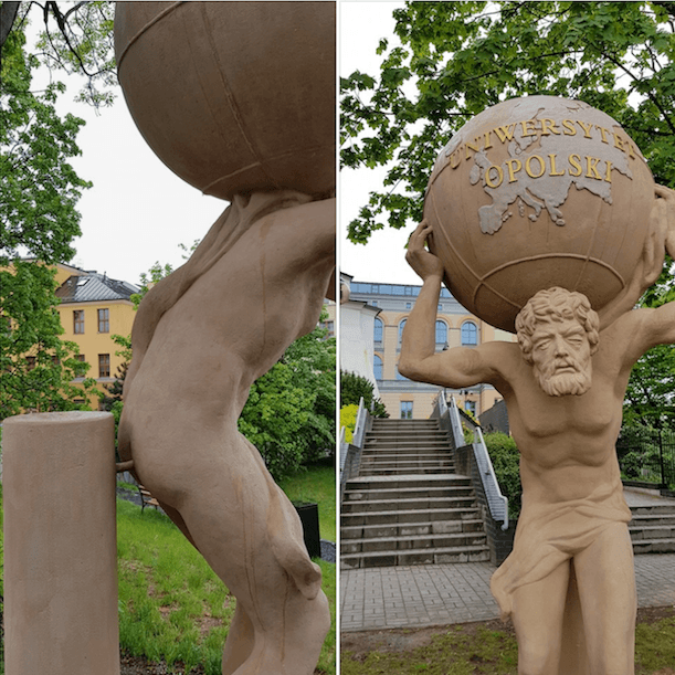 Kuriozalna rzeźba Atlasa w Opolu stała się obiektem żartów. Tytan zmaga się nie tylko z ciężarem kuli ziemskiej...