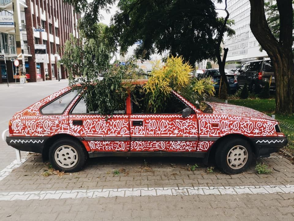 Słynny poznański streetartowiec wypełnił porzucony wrak samochodu roślinami. Efekt jest świetny
