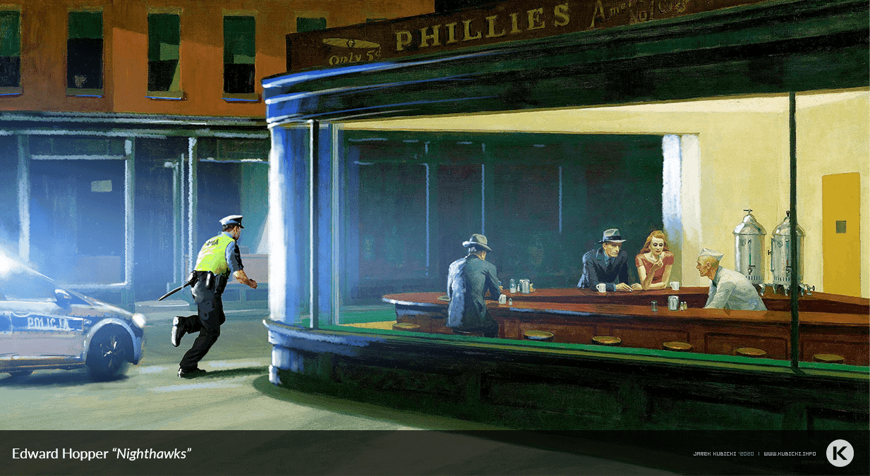 Artysta domalował postaci policjantów do znanych obrazów, obnażając absurdy obostrzeń