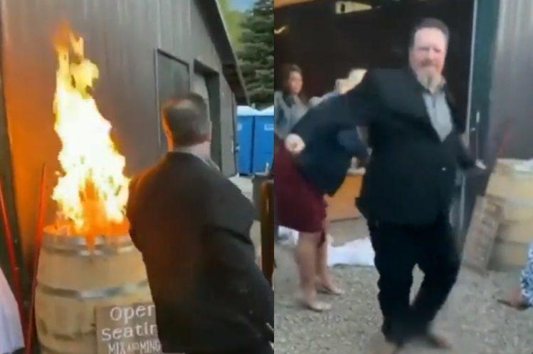 Pijany mężczyzna na weselu w niecałą minutę wzniecił pożar i go ugasił. Nie przestając tańczyć